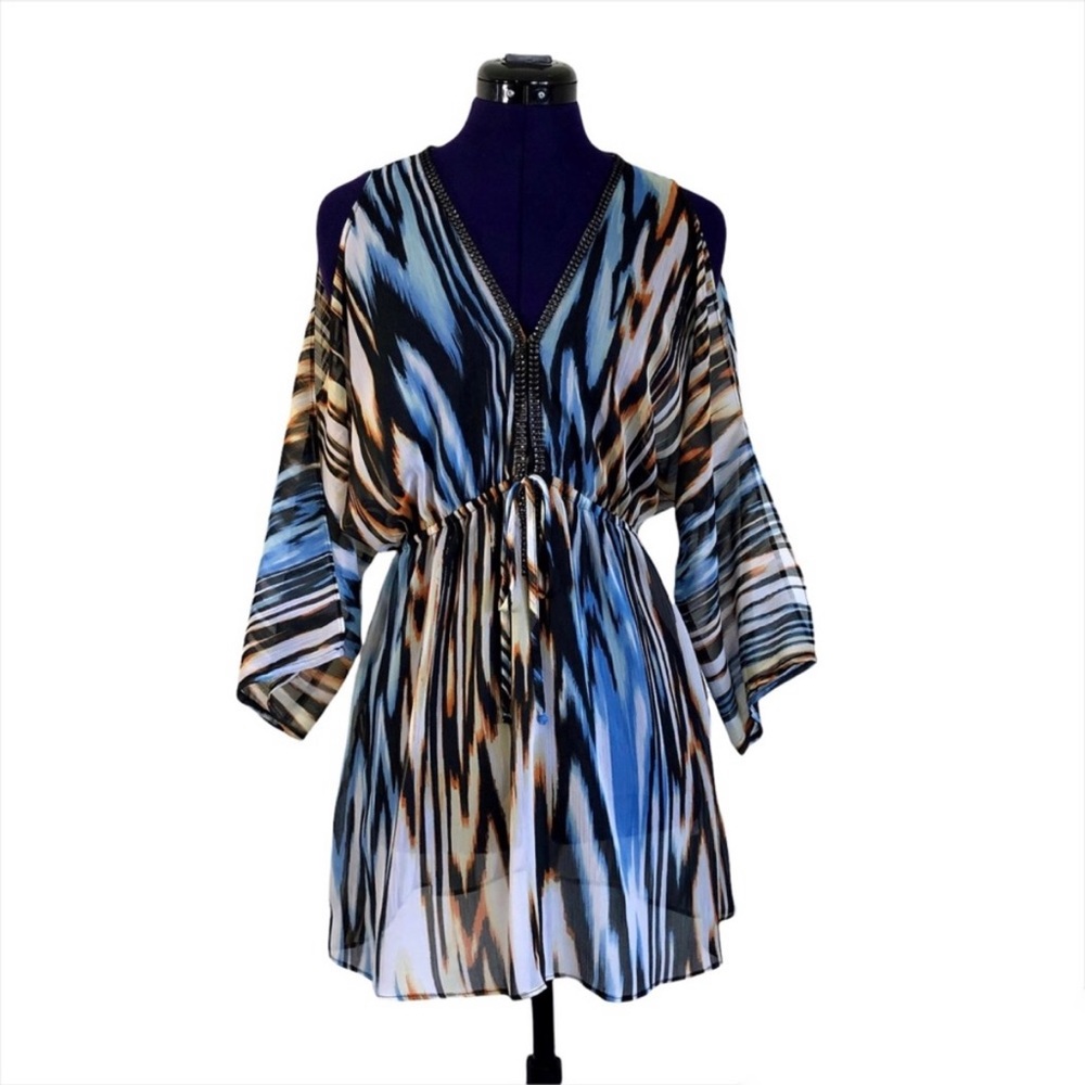 Allen B Blue Orange Zebra Print Rhinestone Top